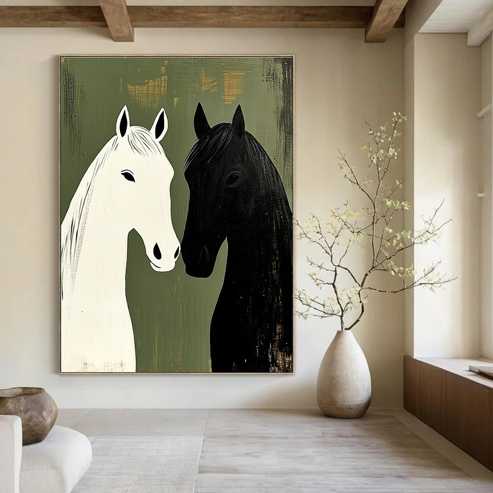 Black and White Horses Minimalist Abstract Painting for Nature - Inspired Spaces GAB1500