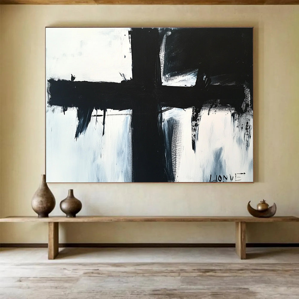 Bold Black Cross: Stark Contrast and Dramatic Impact Abstract Painting ABS179