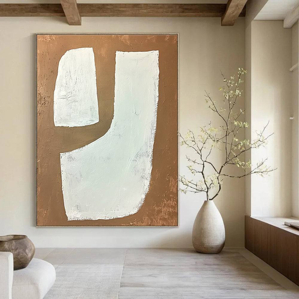 White Shapes on Brown Geometric Abstract Painting for Modern Decor GAB1533