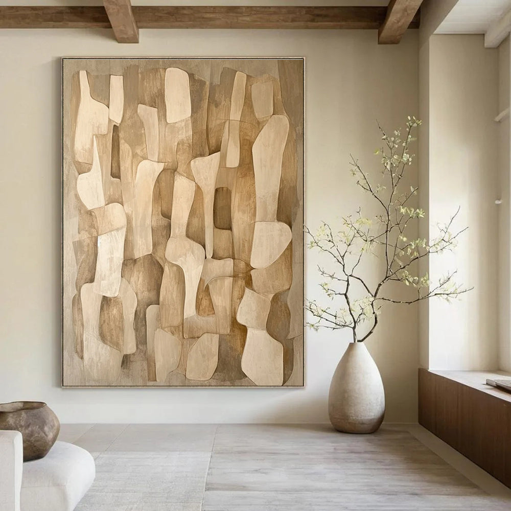 Beige Abstract Shapes Abstract Painting for Minimalist Living Rooms HENG021