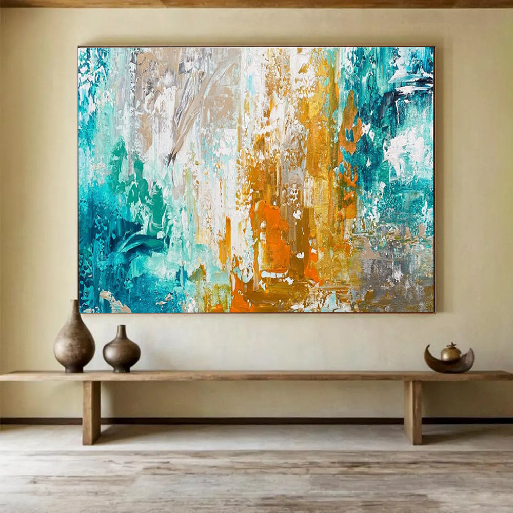 Teal - Gold - Orange Abstract Painting for Coastal Art Galleries YHT382
