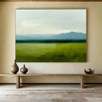 Subtle Green Landscape Painting with Calm Distant Mountains ABS567