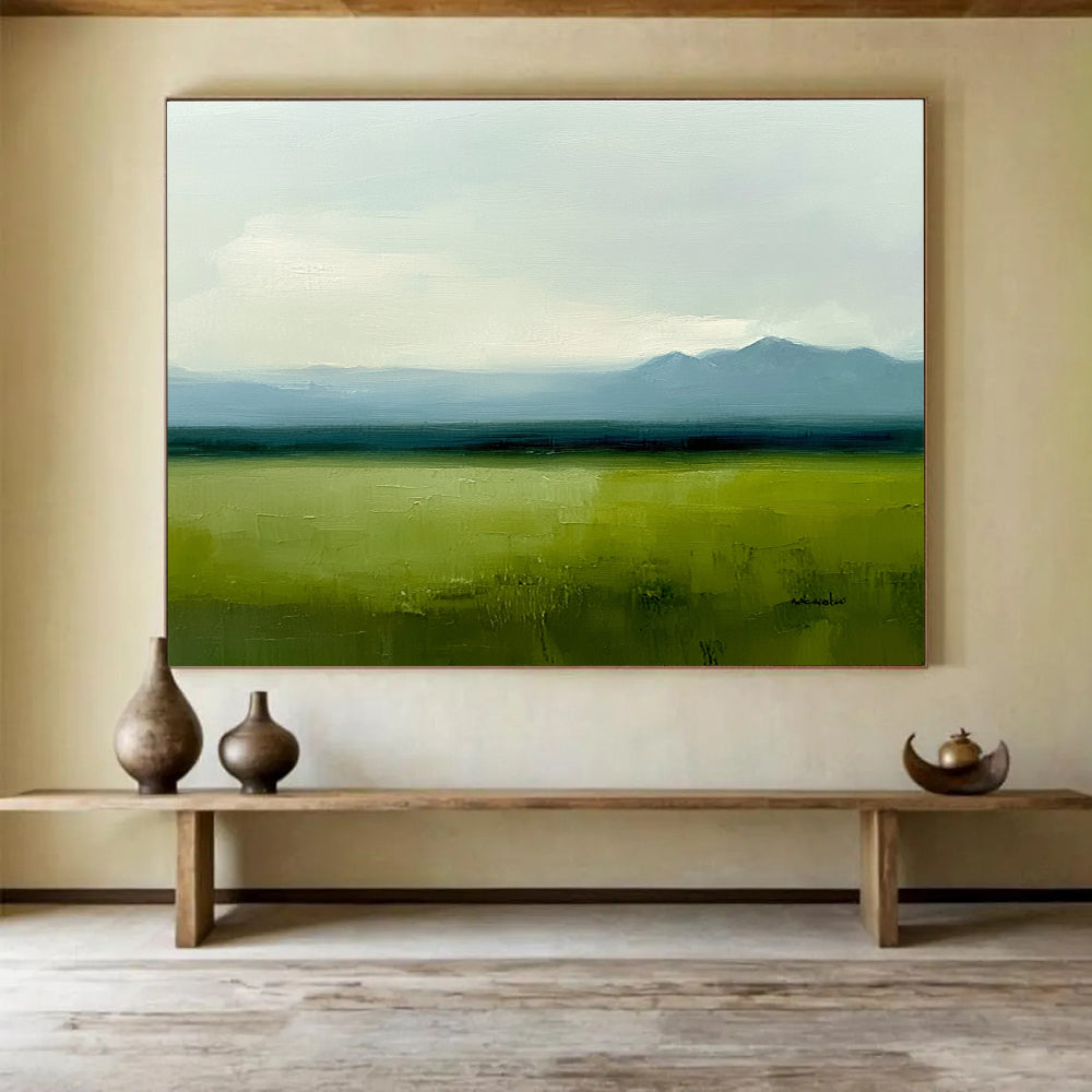Subtle Green Landscape Painting with Calm Distant Mountains ABS567