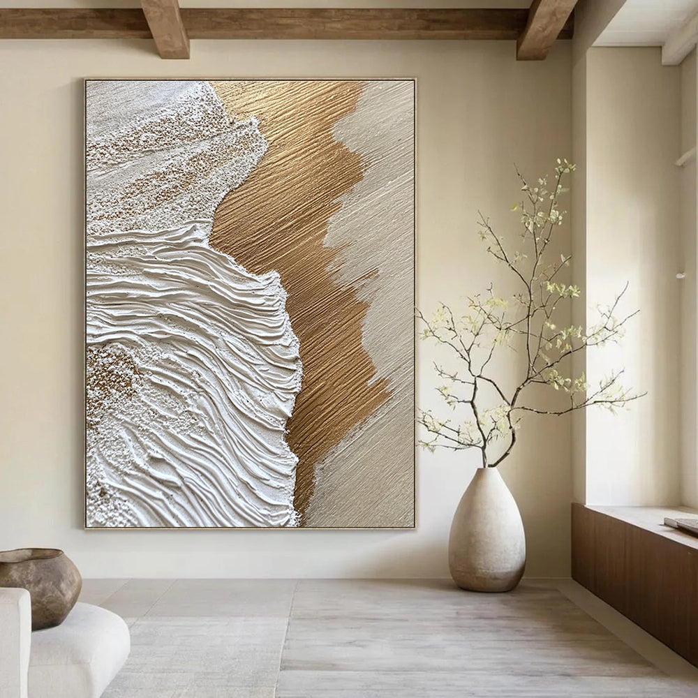 Gold and White Textured Waves Abstract Painting with Luxurious Vibes GAB0069