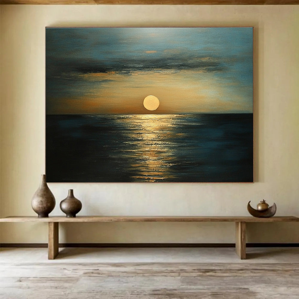 Golden Sunset Over Ocean Abstract Painting with Serene Ambiance ABS571