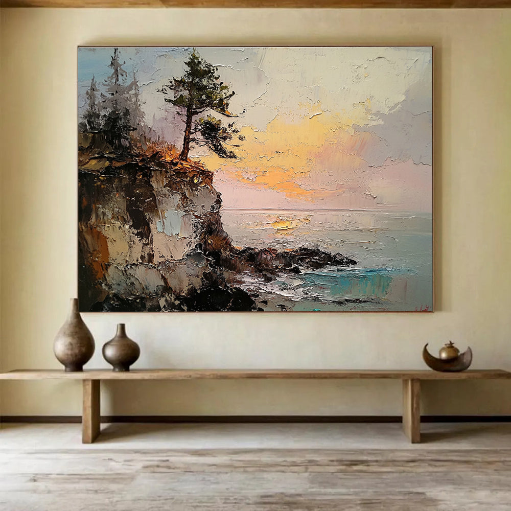 Tree on Cliff at Sunset Abstract Painting with Dramatic Light ABS593