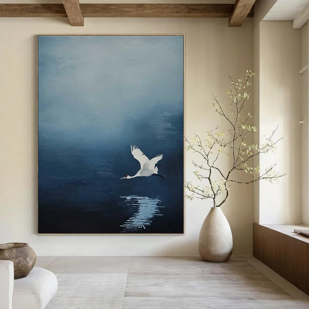 White Crane in Blue Sky Abstract Painting for Zen - Inspired Bedrooms HENG510