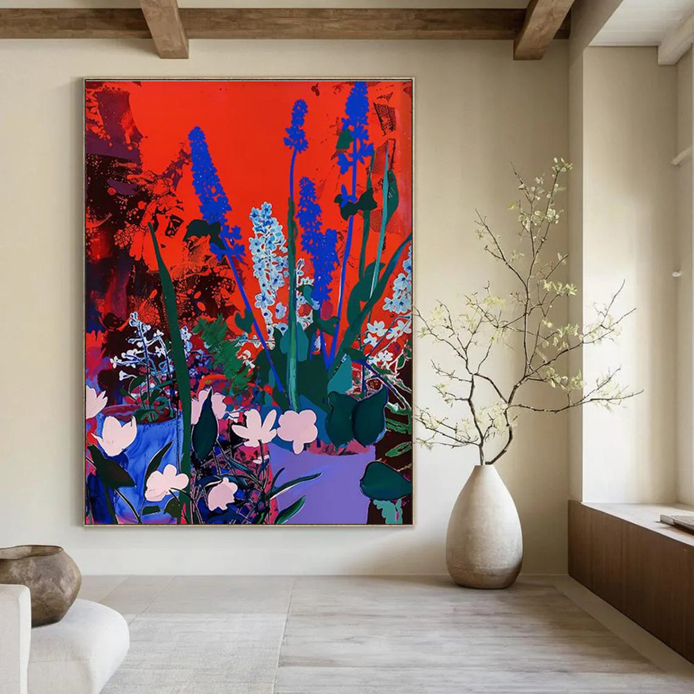 Blue Flowers on Red Abstract Painting for Bold Home Interiors HENG100