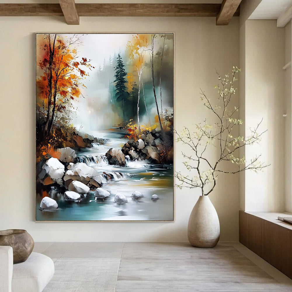 River in Autumn Forest Serene Landscape Abstract Painting GAB0326