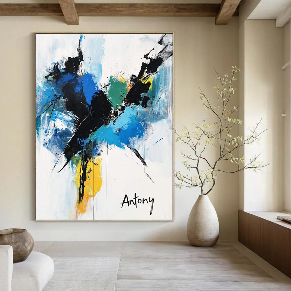 Blue and Black Abstract Flower - Dynamic Botanical Abstract Art GAB0473