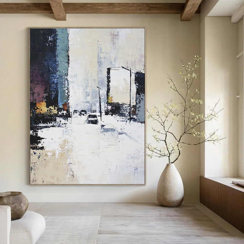 Snowy Urban Street - Winter Cityscape Abstract Painting GAB0572