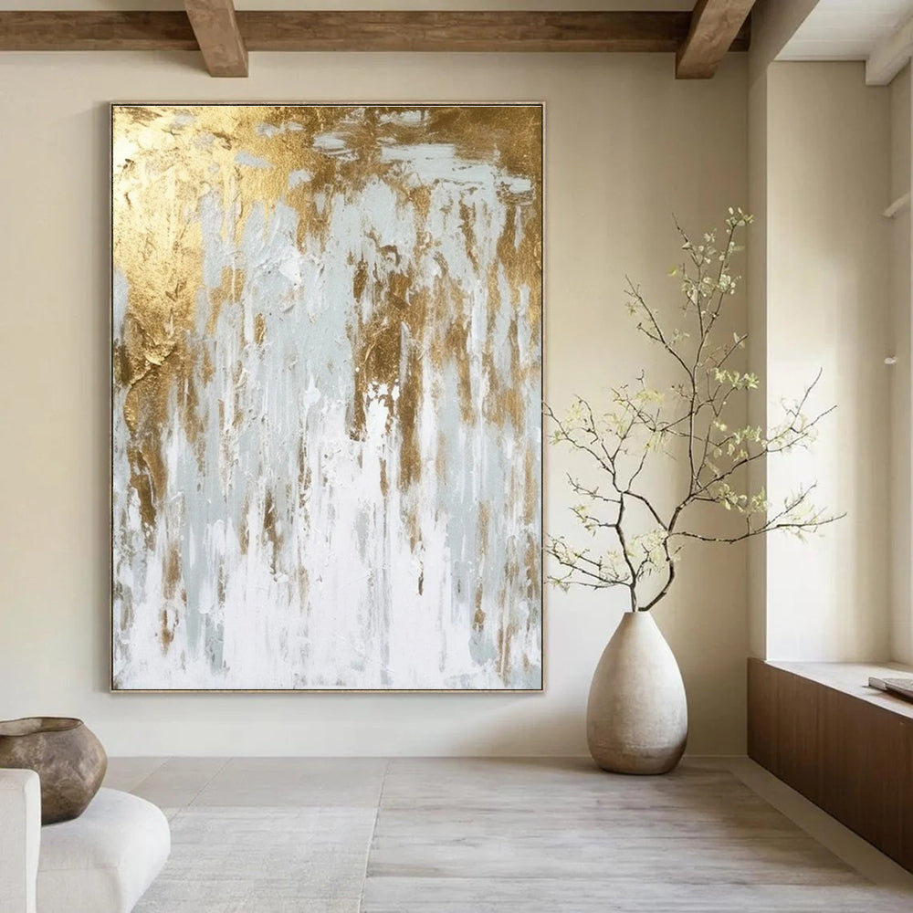 Gold - White Abstract Drip Painting for Modern Minimalist Offices HENG074