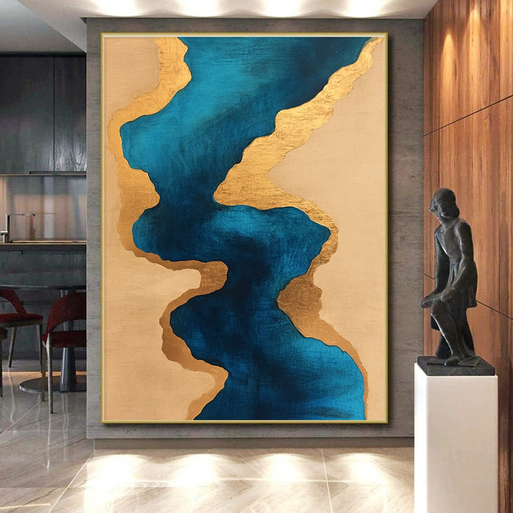 Blue and Gold Fluid Shapes Abstract Painting with Luxurious Flow WINK234