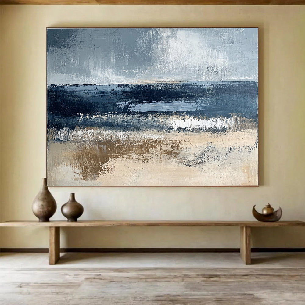 Gray and Blue Abstract Coast with Textured Sea and Sand Abstract Painting ABS362