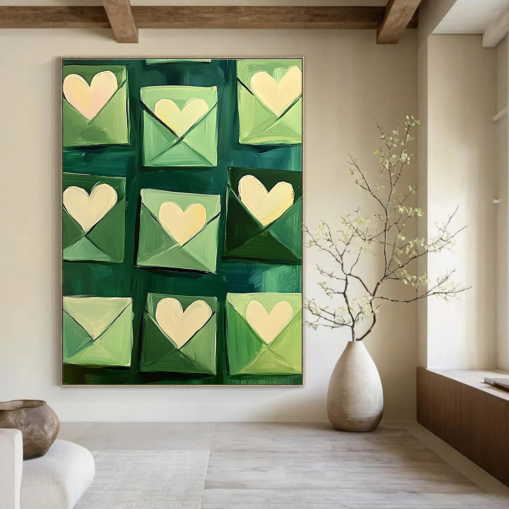 Green Envelopes with Hearts Whimsical Abstract Painting for Romantic Spaces GAB1436