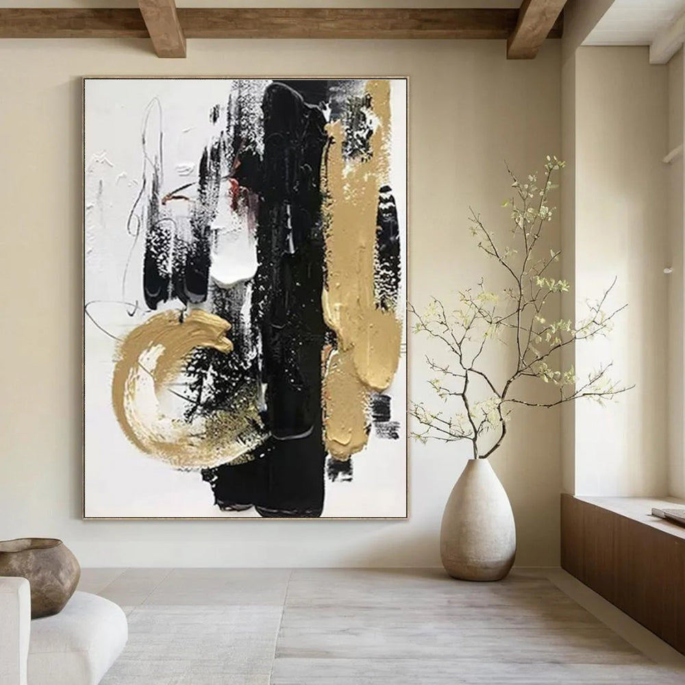 Black - Gold - White Abstract Expression Painting for Luxury Home Entrances HENG146