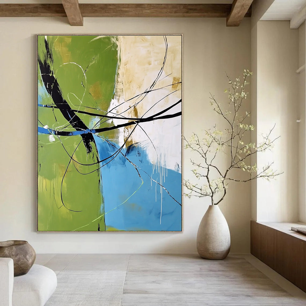 Green Blue Line Abstract Painting for Contemporary Art Galleries GAB0779