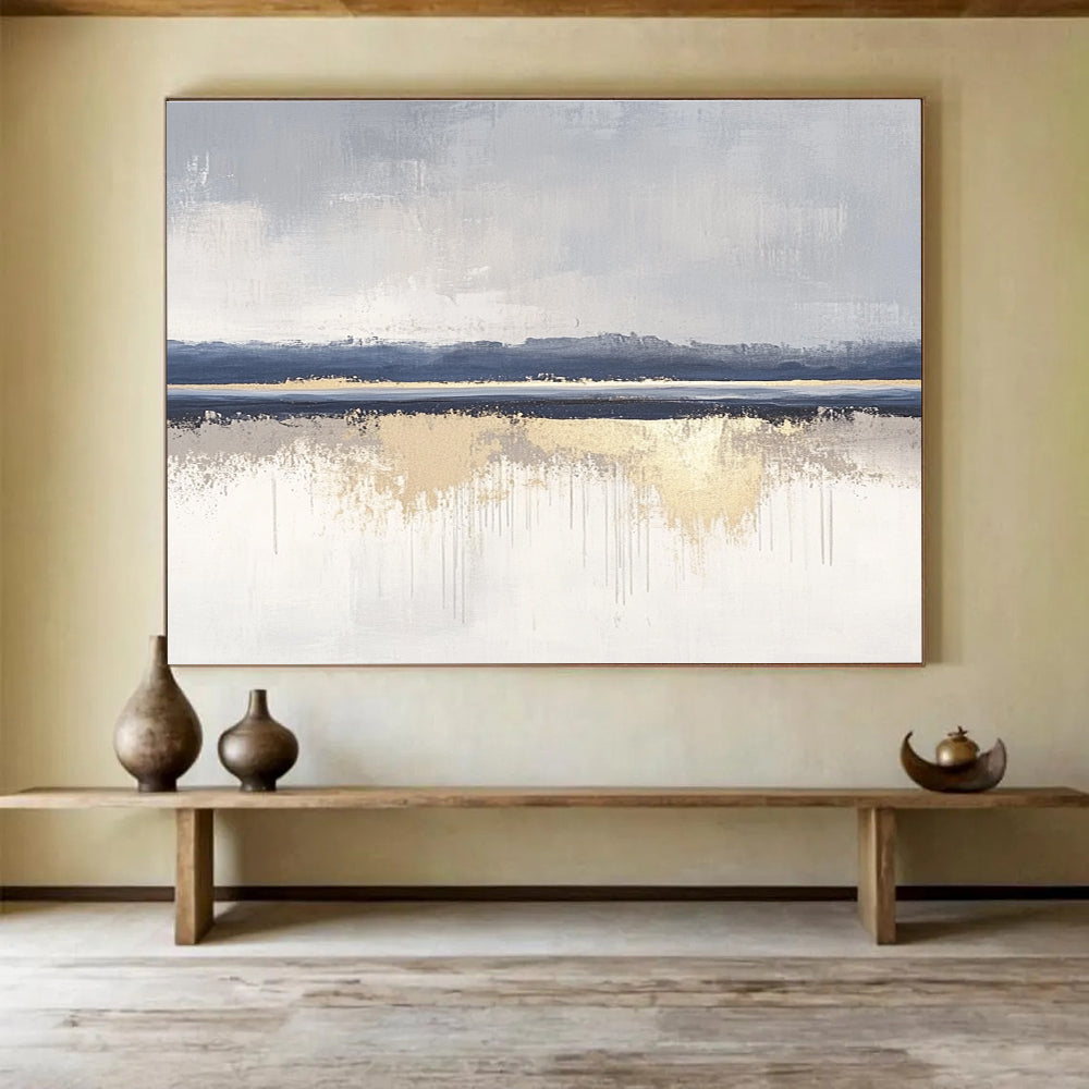 Minimalist Gray - Blue - Gold Abstract Landscape Painting ABS199