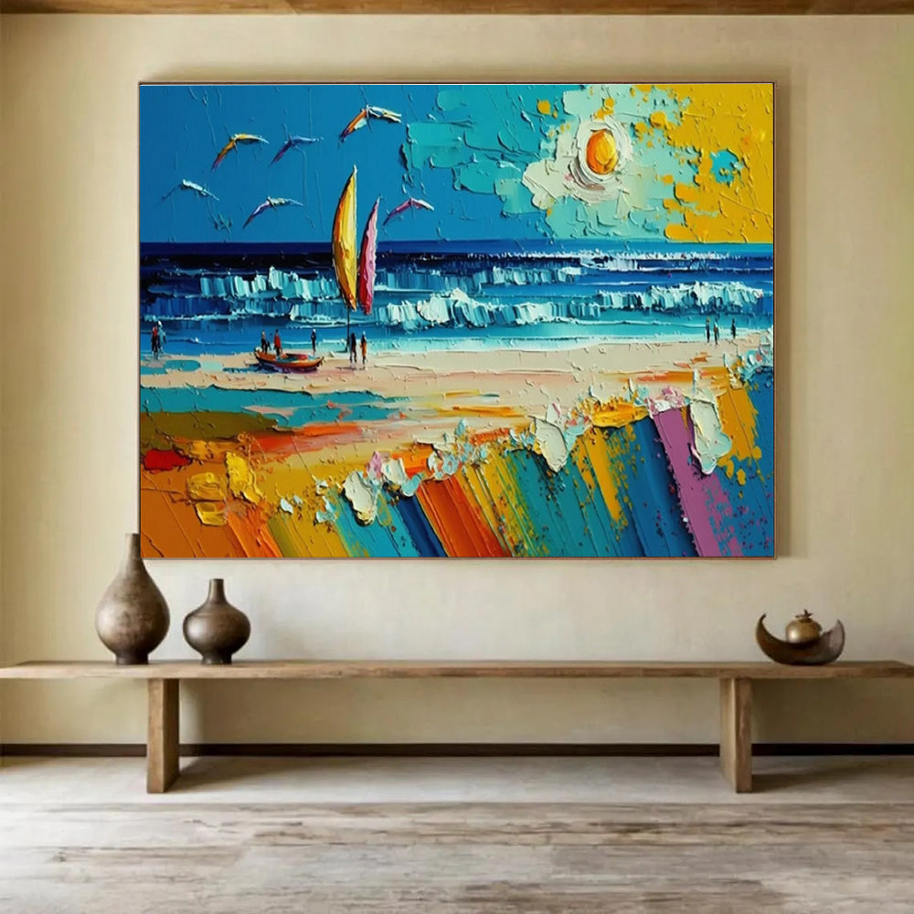 Beach Scene with Sailboat Abstract Painting for Vacation Home Interiors YHT313