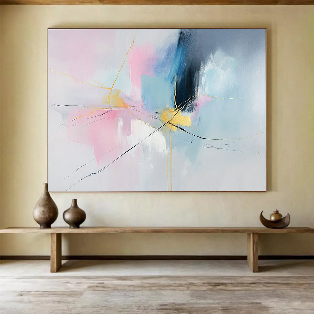 Pink, Blue, and Gold Abstract Painting with Dynamic Thread - like Forms ABS441