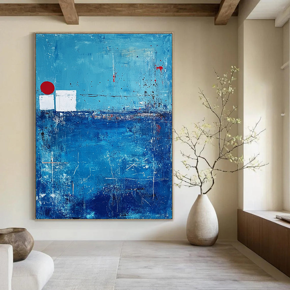 Blue Abstract with Red and White - Minimalist Color Block Abstract Art GAB0475