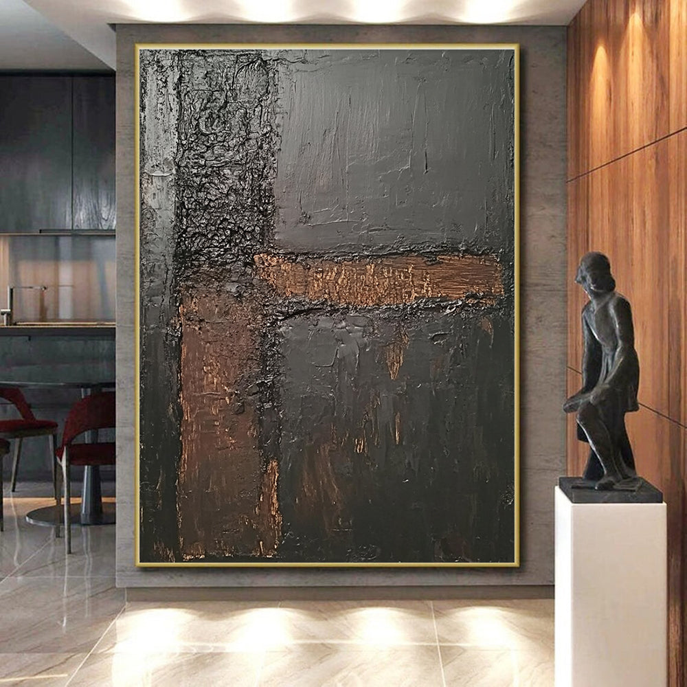 Dark Textured Geometry Abstract Painting with Industrial Elegance WINK088