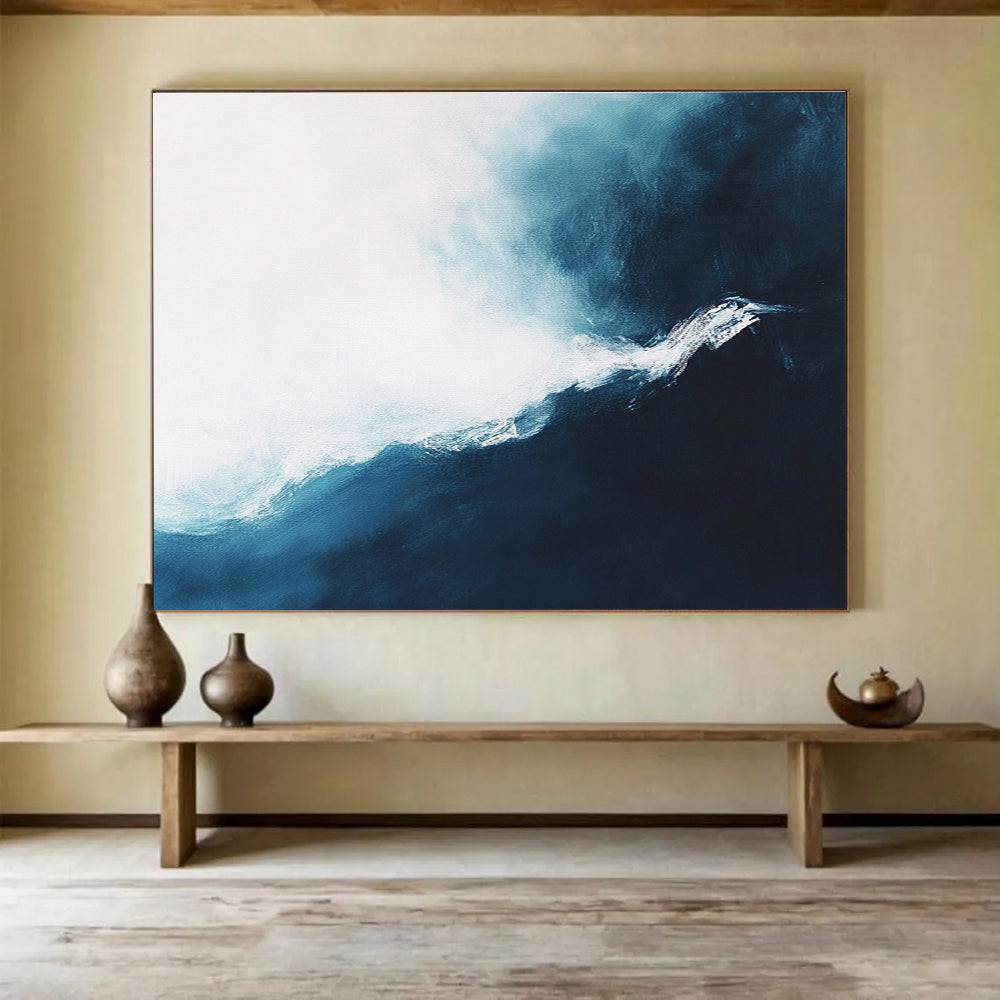 Dynamic Blue - White Wave with Textured Movement Abstract Painting ABS338