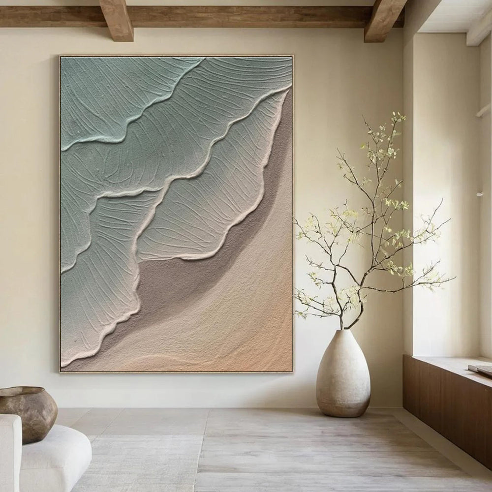 Textured Green and Beige Leaf - Like Abstract Painting for Contemporary Home Offices HENG519