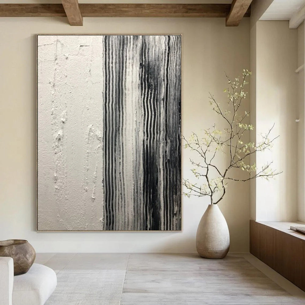 Black - White Striped Textured Abstract Painting for Industrial - Inspired Spaces HENG382