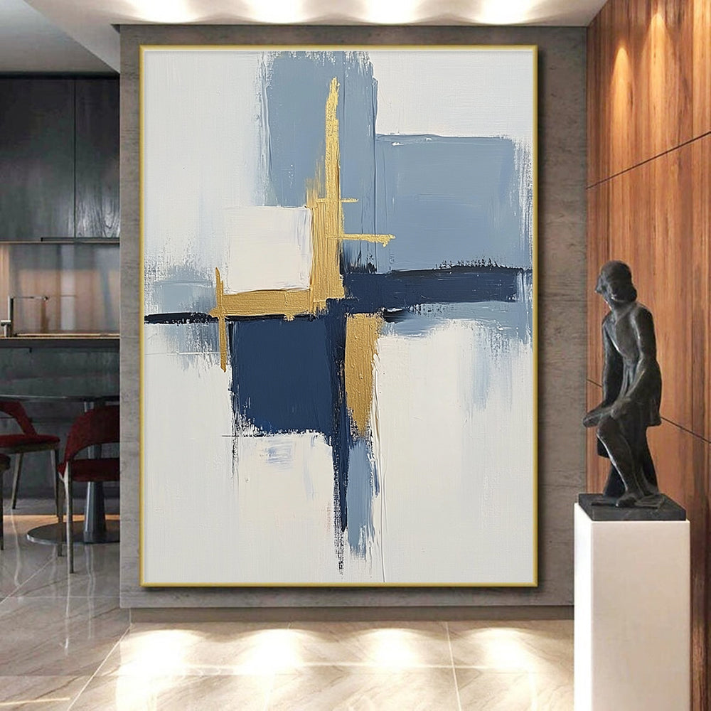 Blue Gold White Abstract Painting with Modern Elegance WINK566