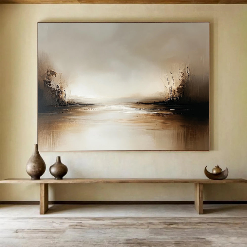 Misty River Scene Abstract Painting with Soft Tones ABS231