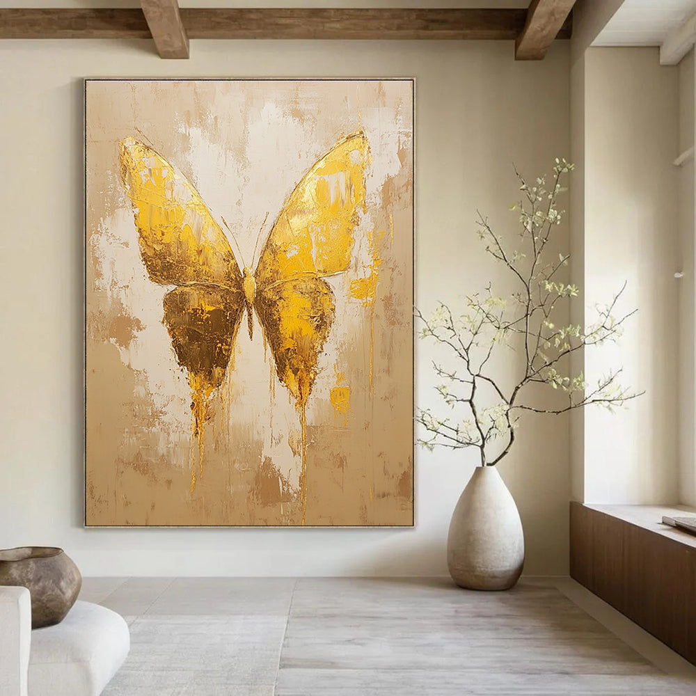 Golden Textured Butterfly Abstract Painting of Opulent Transformation GAB0163