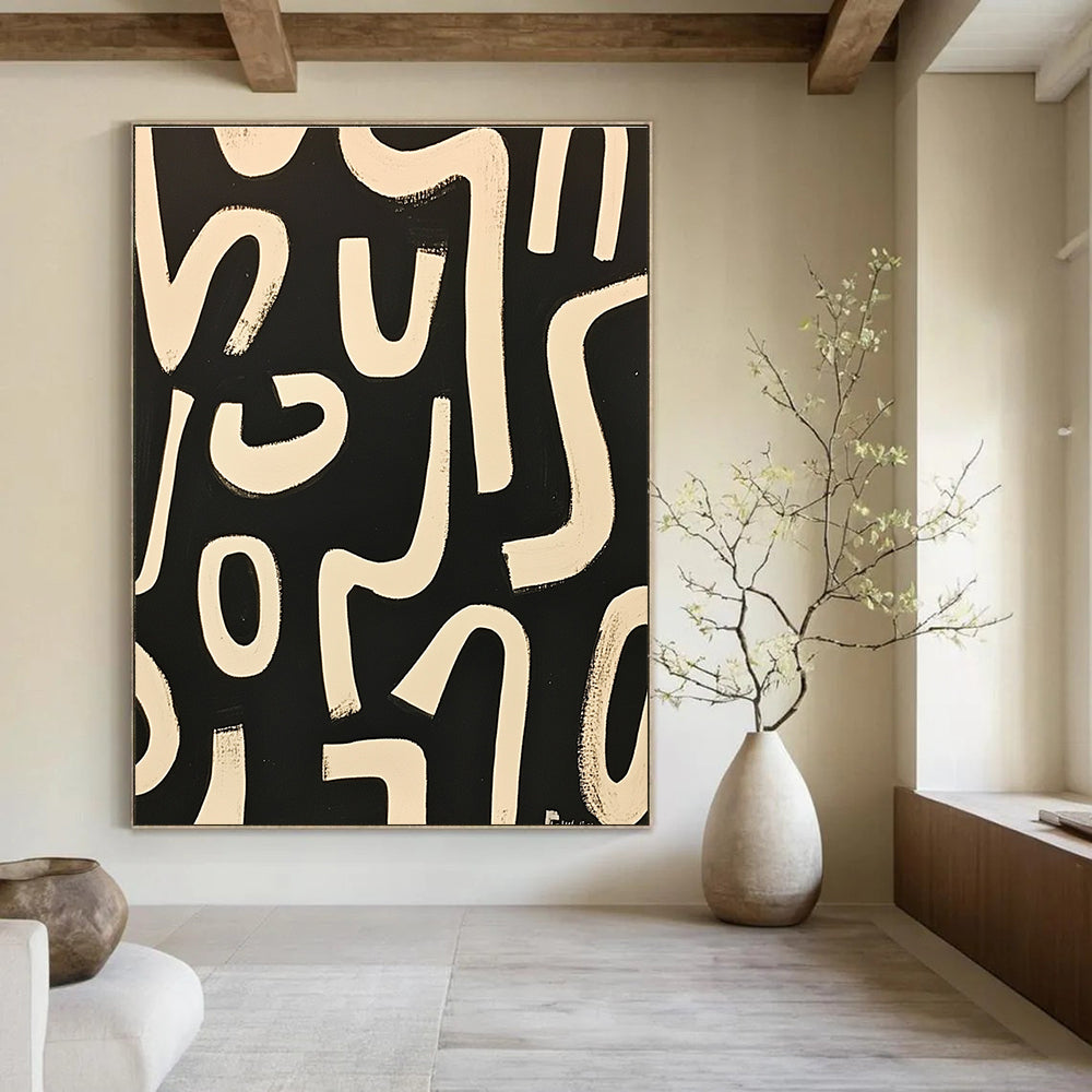 Black and White Curved Lines Dynamic Abstract Painting GAB0370