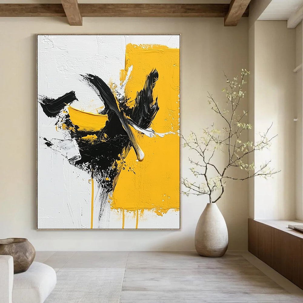 Bold Yellow and Black Abstract Painting for Modern - Styled Offices GAB1014