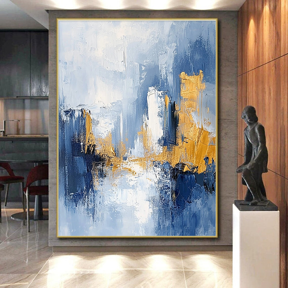Light Blue - Gold Abstract Cityscape Painting with Dreamy Urbanity WINK378