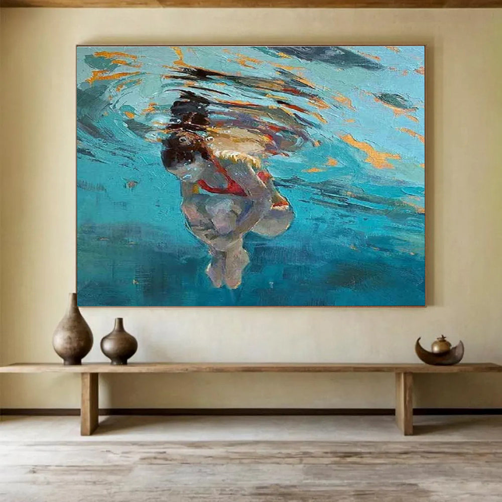 Underwater Swimmer Abstract Painting for Coastal Home Offices YHT247