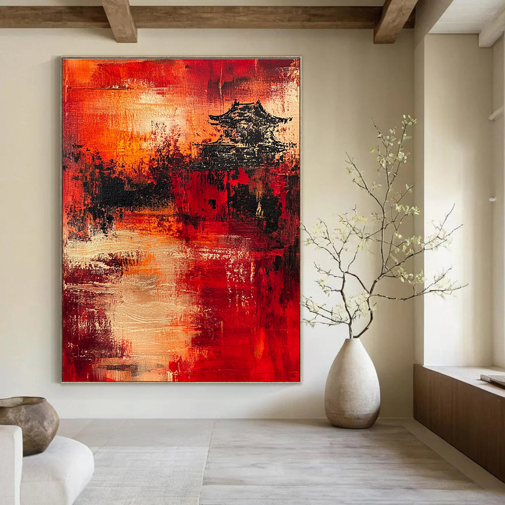 Cultural Red - Black Pagoda Abstract Painting: Heritage Meets Modern Art GAB0956