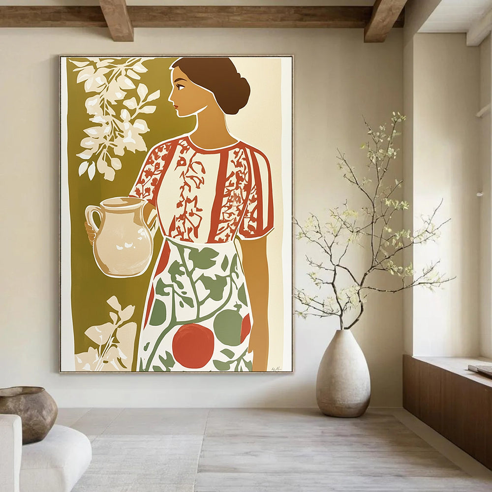 Woman with Jug Folk - Inspired Abstract Painting for Rustic Spaces GAB1460