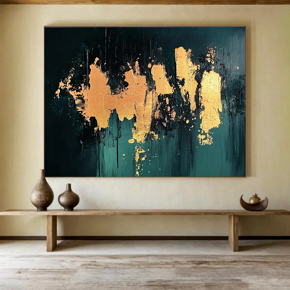 Gold Splash on Green Abstract Painting with Luxurious Accents ABS418