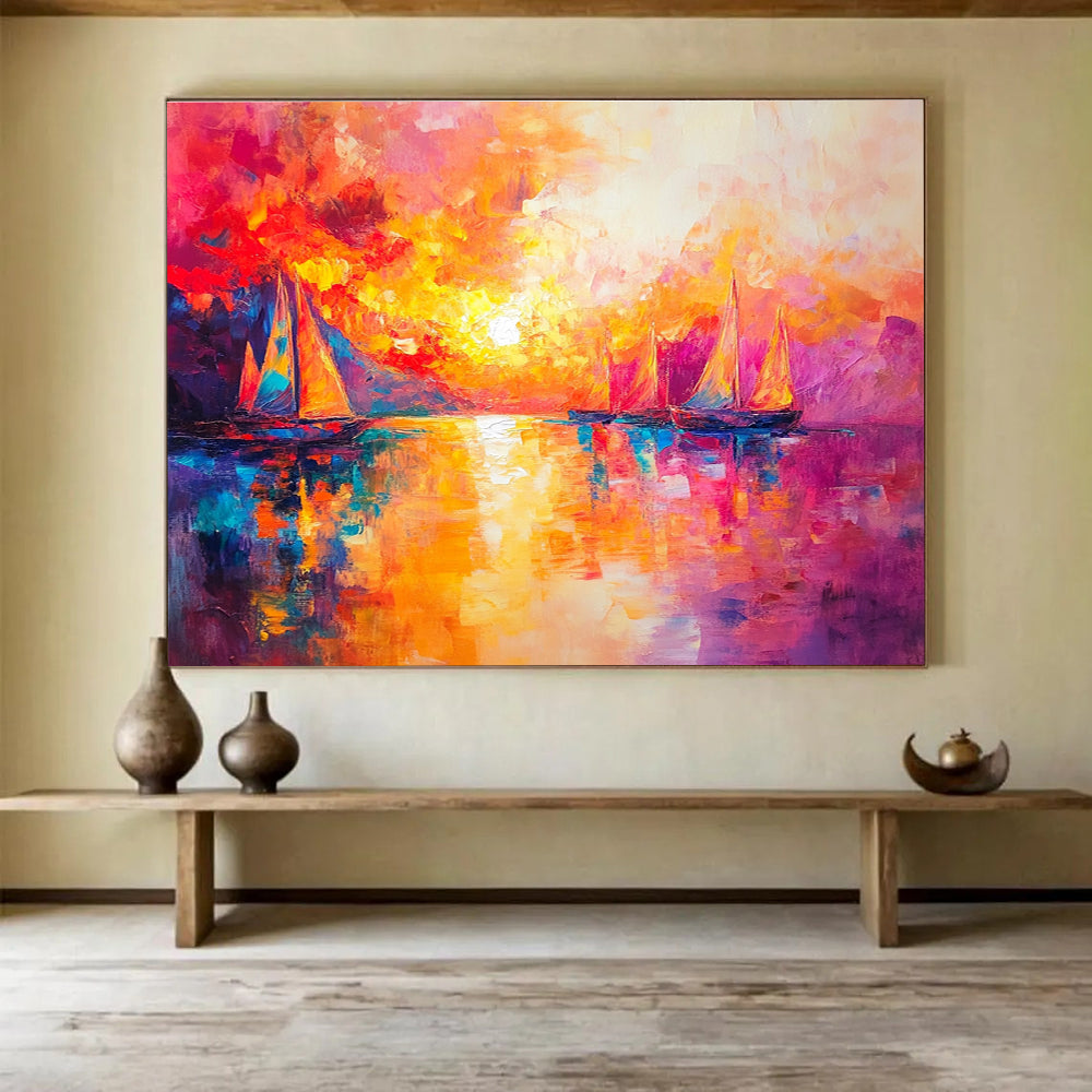 Colorful Sunset Sailboats with Vivid Palette Abstract Painting ABS321