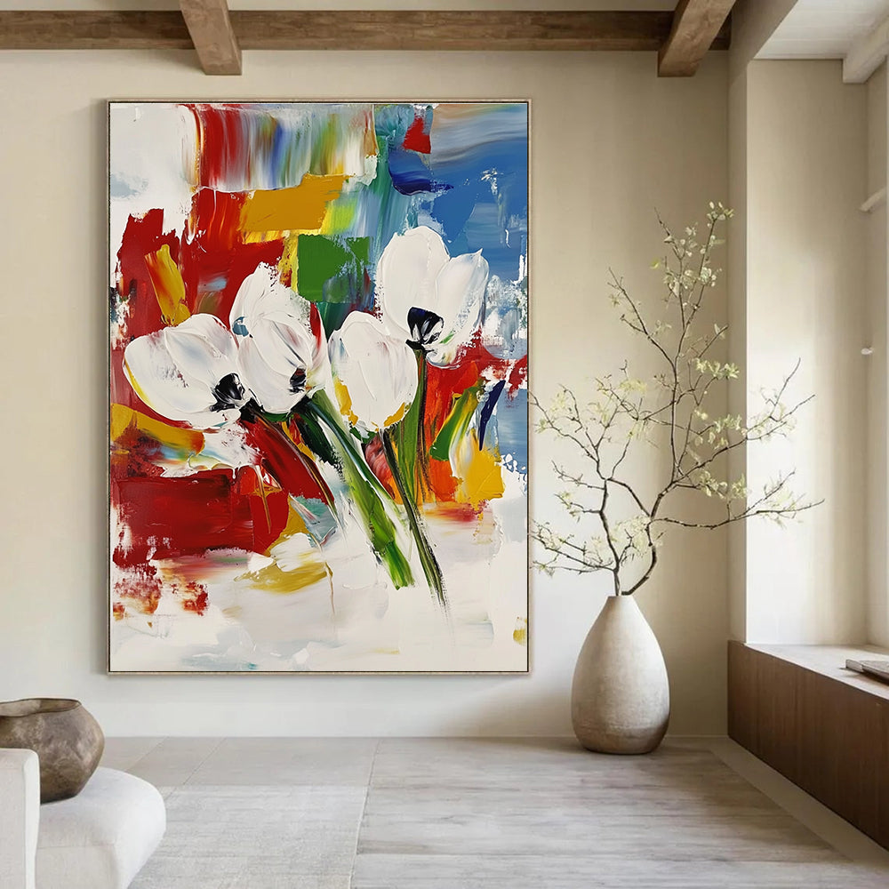 White Blooms on Color Abstract Painting for Modern Bridal Suites GAB0763