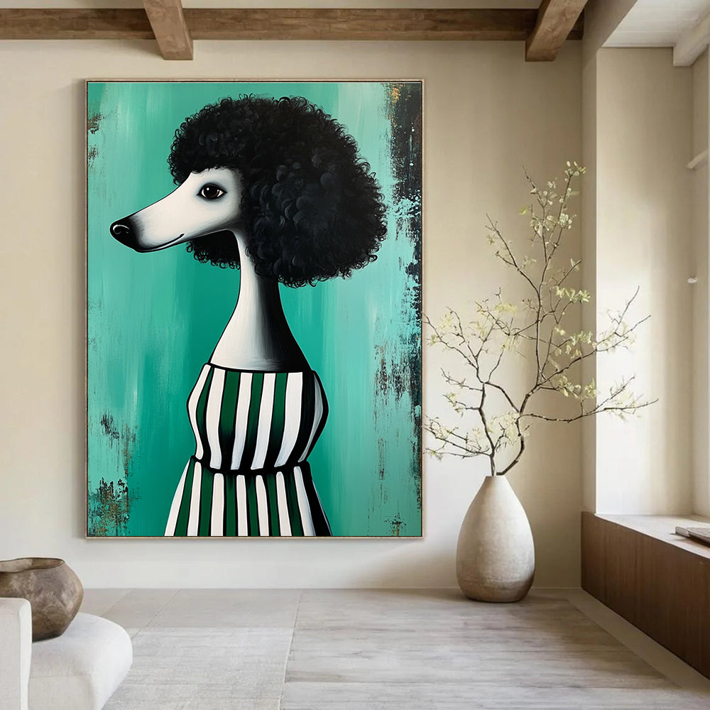 Poodle in Striped Dress Abstract Painting of Quirky Fashion GAB0133