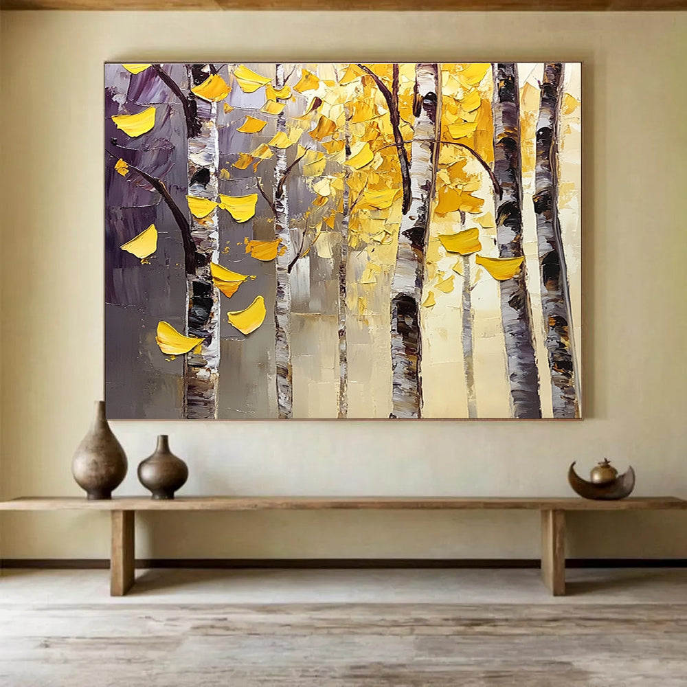 Textured Autumn Birch Trees Painting with Lush Golden Hues ABS565