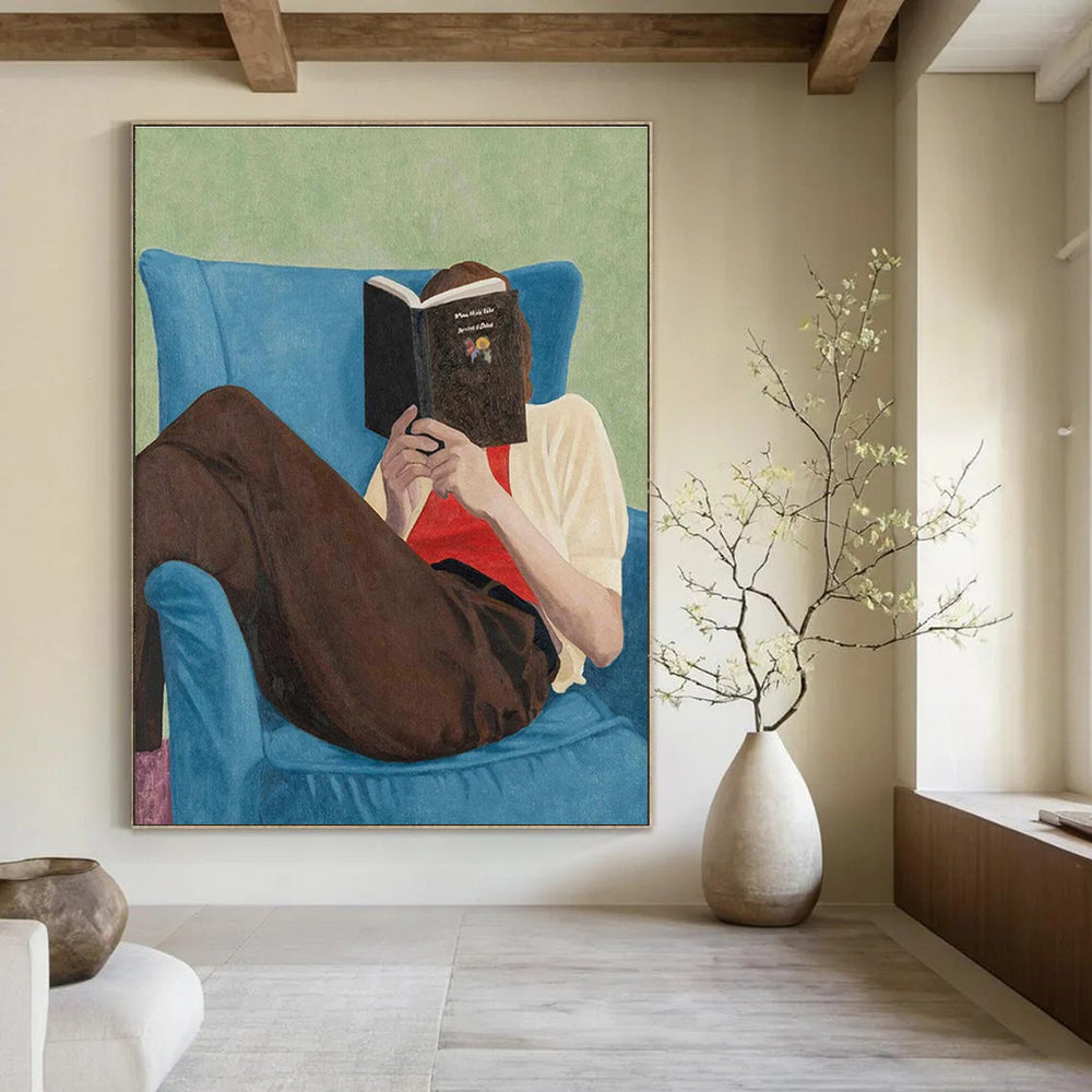 Reader in Blue Chair Figurative Painting for Cozy Reading Nooks HENG303