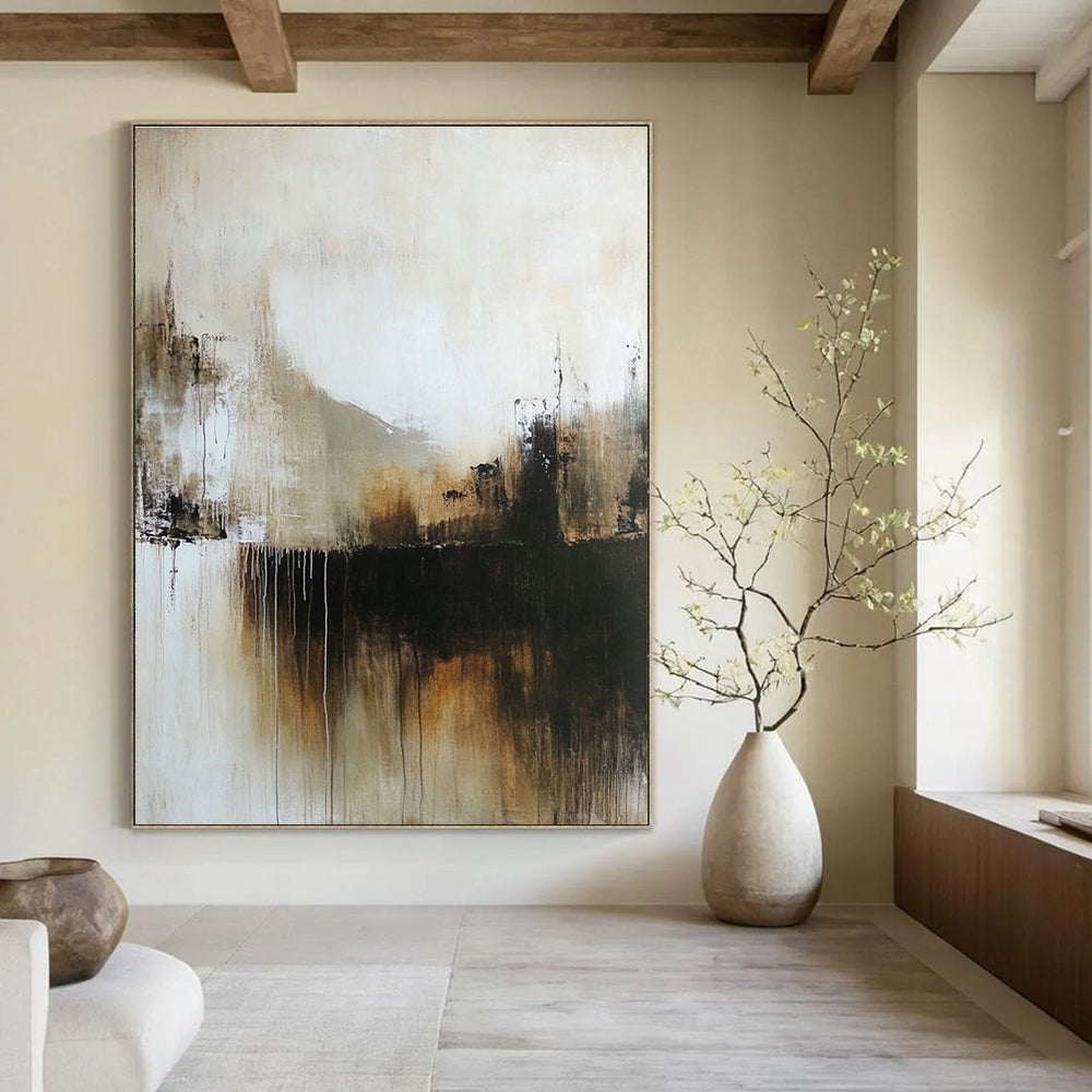 Beige and Black Drip Abstract Painting for Industrial - Styled Lofts GAB1094