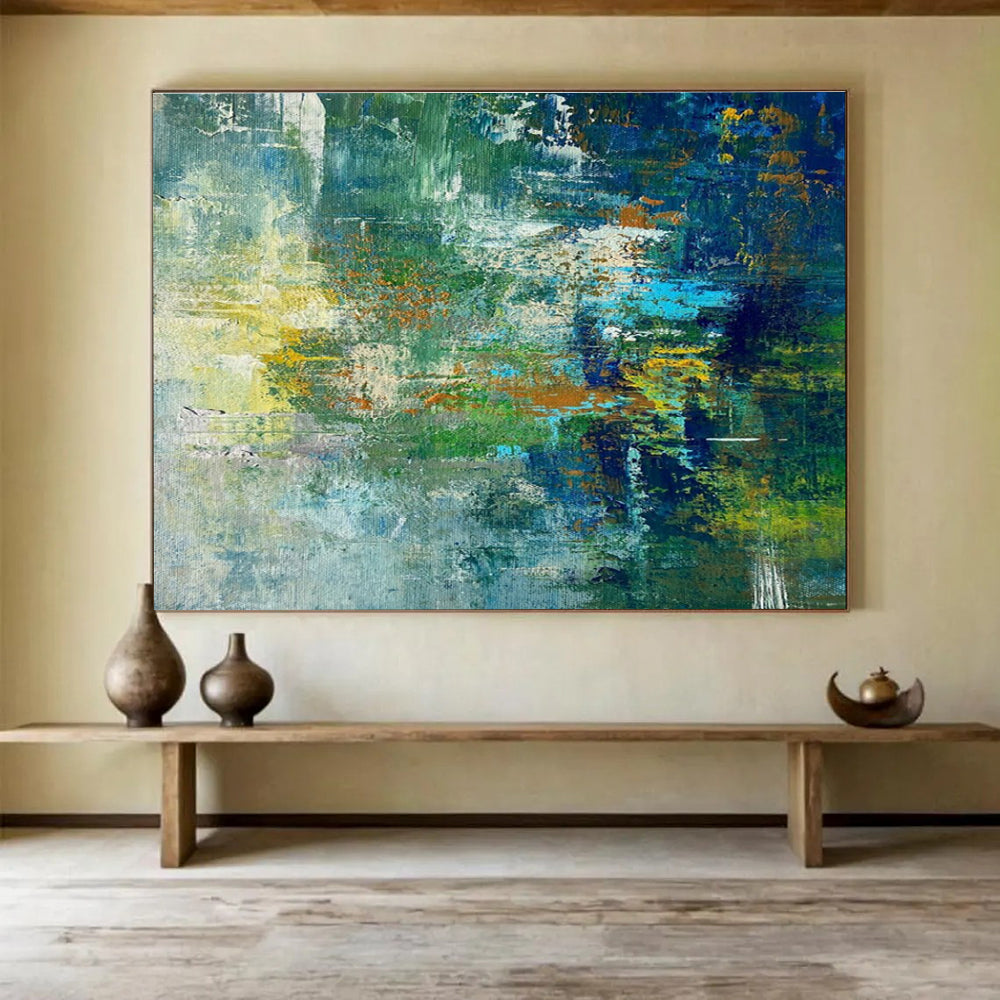 Green and Blue Abstract Mosaic Painting for Eco - Friendly Cafes YHT353