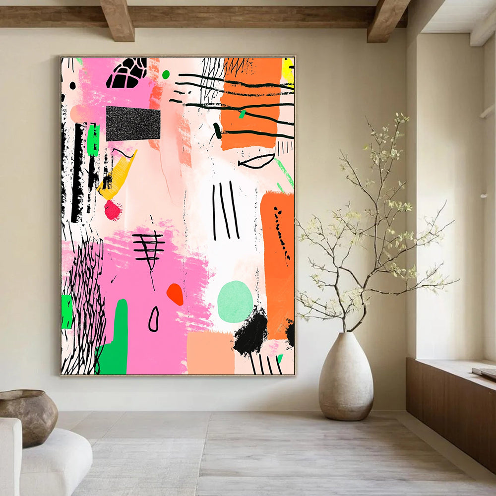 Pink and Green Abstract Doodles Painting of Spontaneous Creativity GAB0115