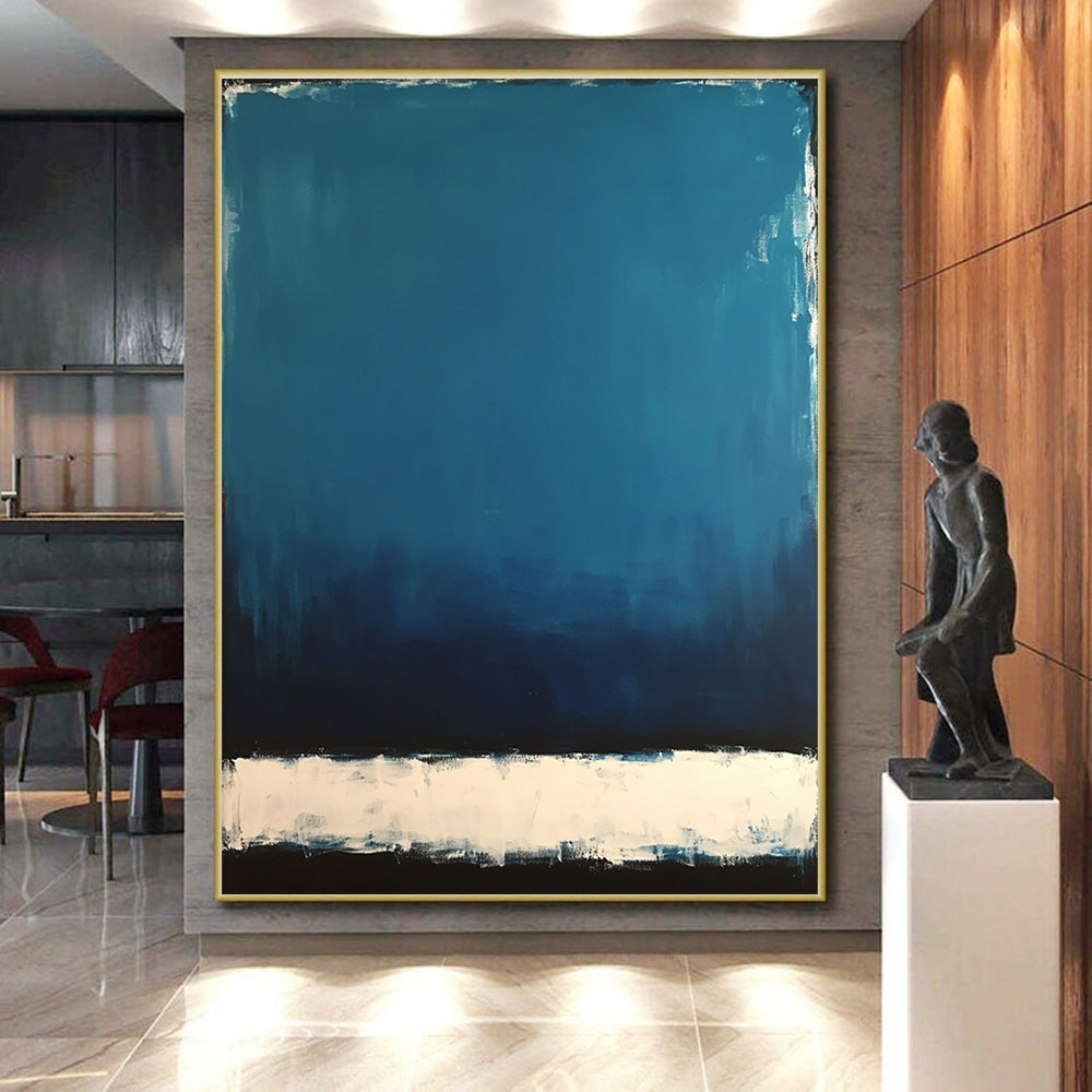 Deep Blue with White and Black Bands Abstract Painting with Layered Depth WINK027