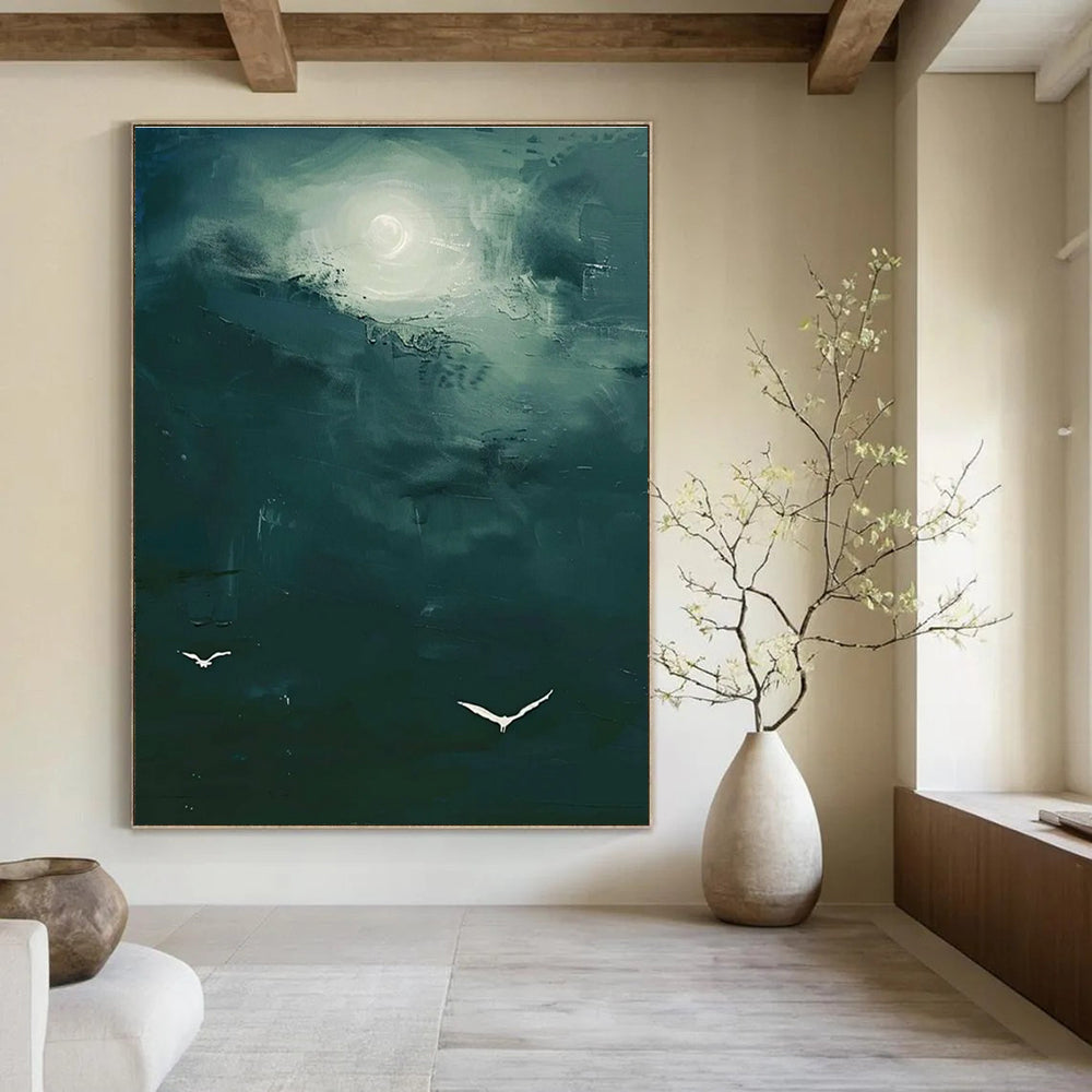 Dark Green Sky with White Birds Abstract Painting for Nature - Themed Spas HENG508
