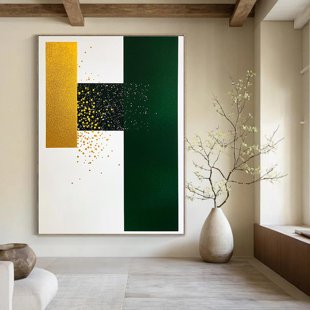 Gold Green Geometric Dots Abstract Painting of Playful Opulence GAB0144